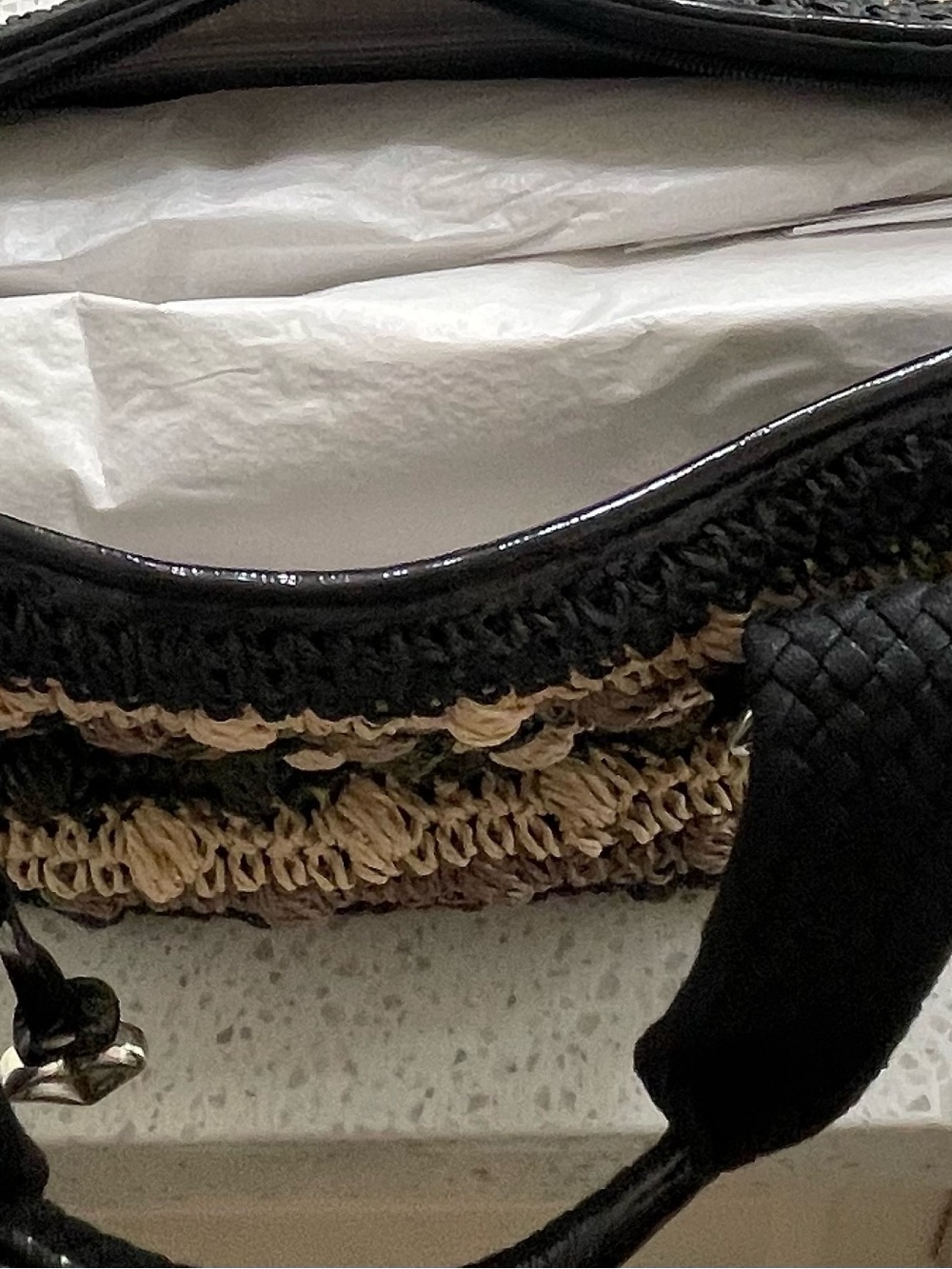 Woven Straw Tote Bag with Black Trim - Black & Natural